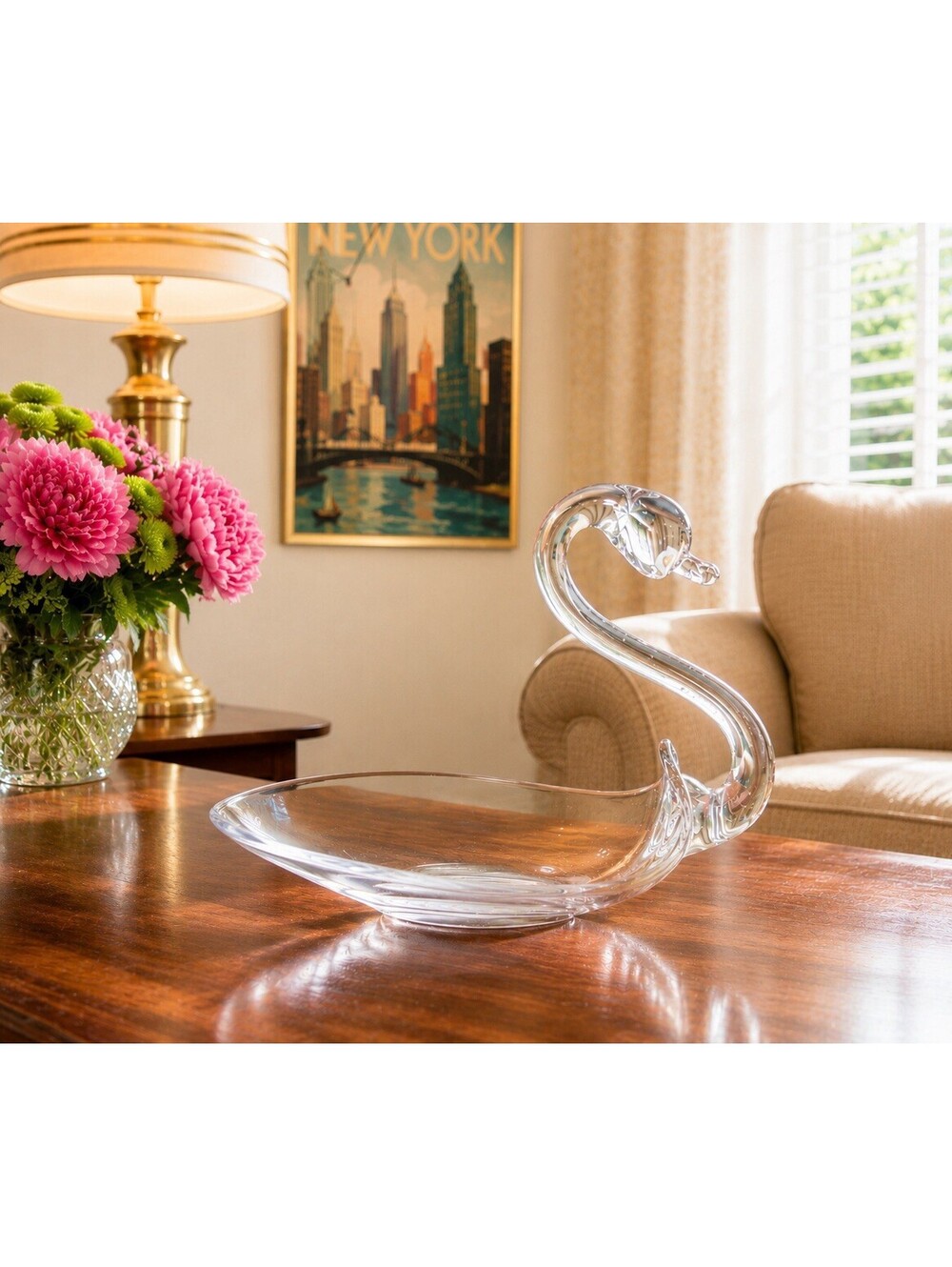 Duncan & Miller 1940s Swan Candy Dish No. 30 Pall Mall Clear Glass, 8x6”